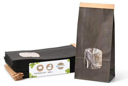 Blockbodenbeutel Größe M mit Fenster und Clipband 400 Stück I schwarze Papiertüten aus Kraftpapier mit Sichtfenster und Beschichtung aus PP-Folie I Kekstüten Gebäcktüten uvm.