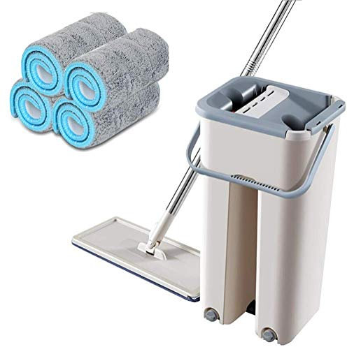 JINHH Flachbodenwischer und Eimer-Set für Heimbodenreinigungssystem mit Edelstahlgriff 4 waschbare Mikrofaserpads