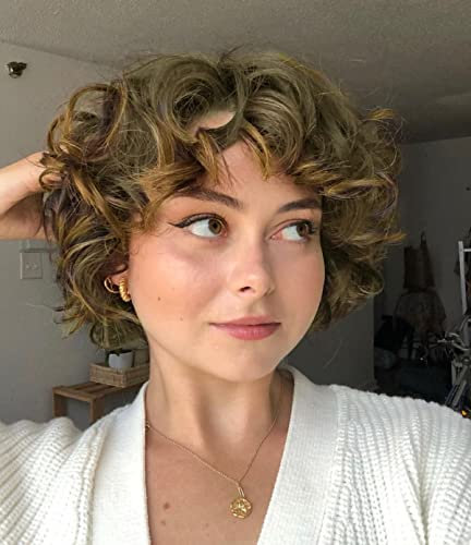 BECUS Afro Perücke Synthetische Verworrene Lockige Curly mit Pony kurze Perücken für Schwarze Damen/weiße Damen Perücke für den Alltag(Golden)