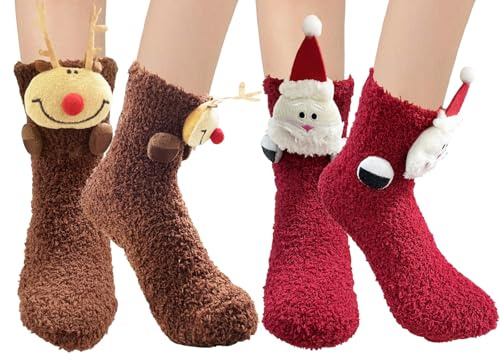 BINXWA 2 pares de calcetines de peluche regalo para las mujeres, Calcetines de Navidad para las mujeres, Calcetines Fluffy con caja de regalo