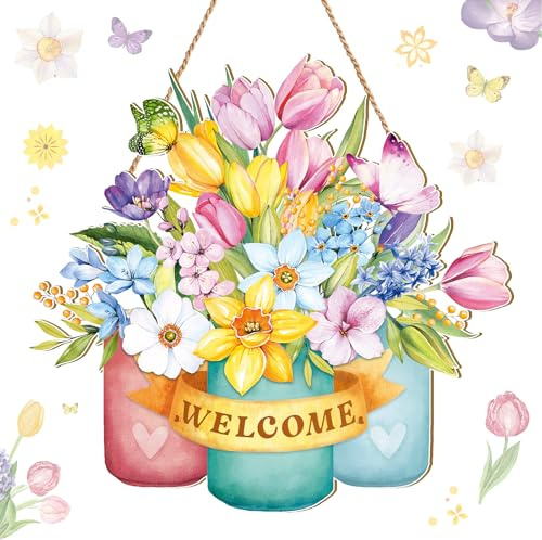 Juexica Spring Door Decor Flower Welcome Sign Spring Wall Hanger for Front Door Decorations Rustic Flower Wall Pediments for Party Outdoor Indoor Decor