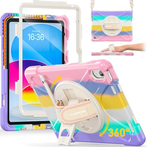 BRAECN Kids Case for iPad (A16)11th/10th Generation 11/10.9 inch 2025/2022 | Heavy Duty, Shockproof Protective, Screen Protector, Rotating Stand Handle, Pencil Holder & Shoulder Strap, Full Body Cover
