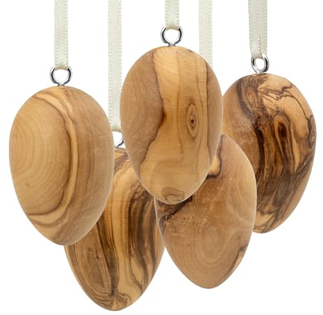 SIKORA OD18 5er Set kleine Ostereier aus Olivenholz zum Aufhängen | Natürliche Maserung & 100% Handarbeit | Hochwertiger Deko Baumschmuck & Osterstrauch Anhänger | Höhe ca. 4,5 cm
