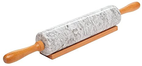 Fonowx Mattarello Deluxe in Pietra di Marmo con Manici in Legno e Base Risparmia Fatica Rullo da Forno Mattarello Antiaderente per Pasta Pasticceria Biscotti, Bianco