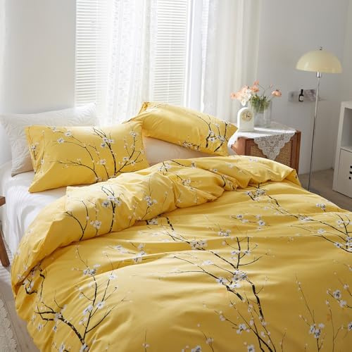 Nyescasa Bettwäsche 135x200 4 Teilig Gelb Blumen Botanisch Muster Bettwäsche-Set Blume Zweig Design Wendebettwäsche Weiche Mikrofaser 2 Bettbezug mit Reißverschluss und 2 Kissenbezug 80x80cm