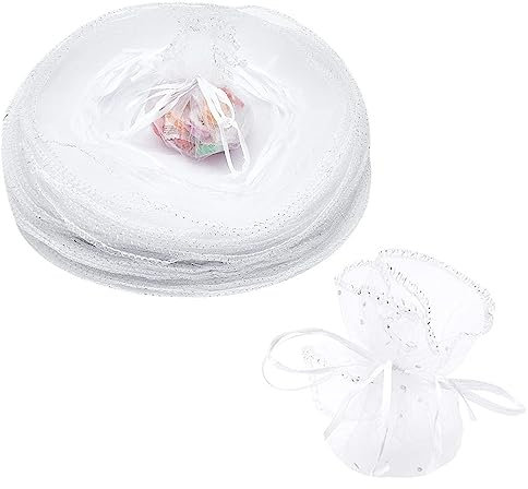 SKYPRO 50 x weiße Organza-Beutel mit Kordelzug, Schmuckbeutel für Hochzeit, Party, Weihnachten, Geschenktüten