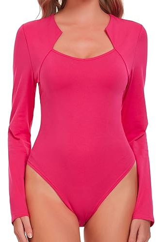 EVELIFE Body da Donna Sexy Morbido a Maniche Lunghe Body Girocollo Camicetta Casual Top (Rosa,XXL)