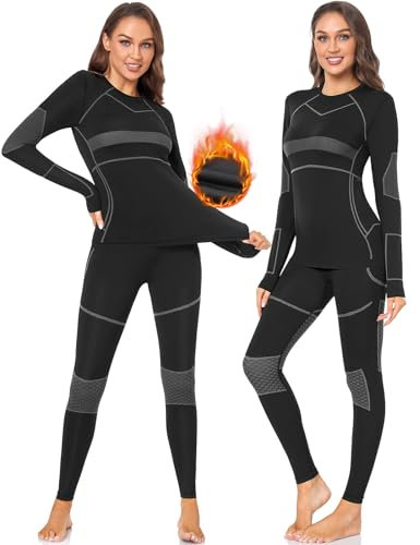 SIMIYA Thermounterwäsche Damen Skiunterwäsche Funktionsunterwäsche Warm Atmungsaktiv Ski Unterwäsche Damen Set Thermo Unterwäsche Damen Sportunterwäsche in Winter Herbst(Schwarz+Grau,S)