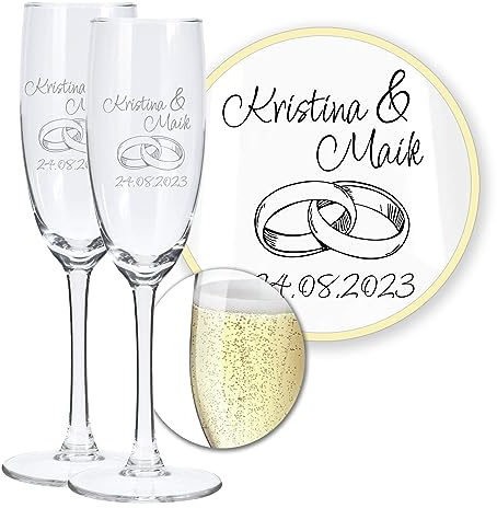 LALALO Sektglas-Set Ringtraum, graviert mit Namen und Datum, Hochzeitsgläser, Sektglas Gravur, Champagnerglas Gravur, Geschenk Hochzeitstag, Jubiläum, Verlobung, Standesamt, 180 ml