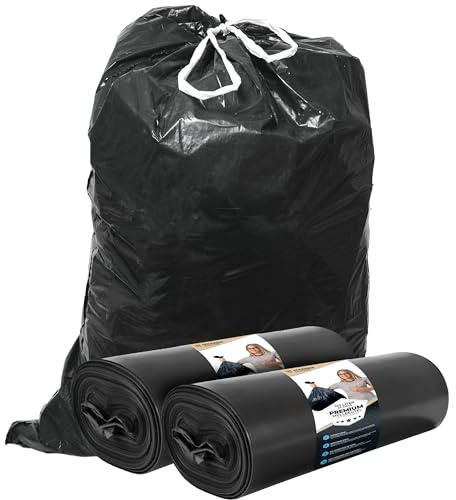 Müllsäcke 120L Schwarz mit ZUGBAND - Reißfest - Abfallbeutel XXL - Müllbeutel - 40 µ Stark - LDPE Recycelt - Großer Müllsack - 120 Liter - Mülltüten - Hausmüll, Gewerbe, Industrie, 50 Beutel, 2 Rollen