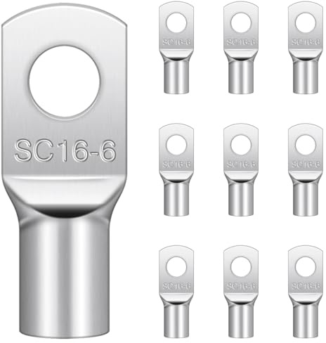 Hanibos Cable Lugs M6, Tinned Copper 16mm² Ring Crimp Terminals 10 Pcs | SC16-6 Uninsulated Tube Battery Cable Ends for Auto Batteries, Electrical Wiring and Distribution Boxes