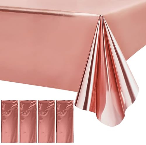 Party Tischdecke Geburtstag 4 Stück - 137 x 274 cm Folientischdecke, Fleckschutz Wasserabweisend, für Party Dekoration Geburtstag Grillparty Familientreffen Camping (Roségold)