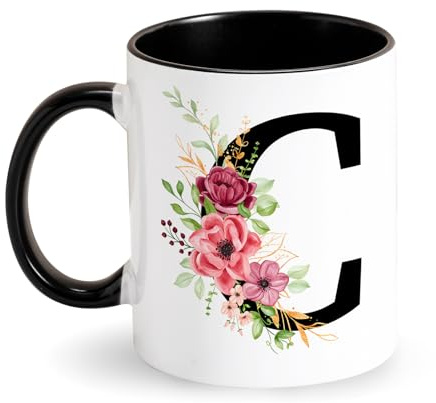 Taza personalizada con diseño de flores, cerámica negra, regalo original para mujer, mamá, amiga para cumpleaños, día de la madre (C)