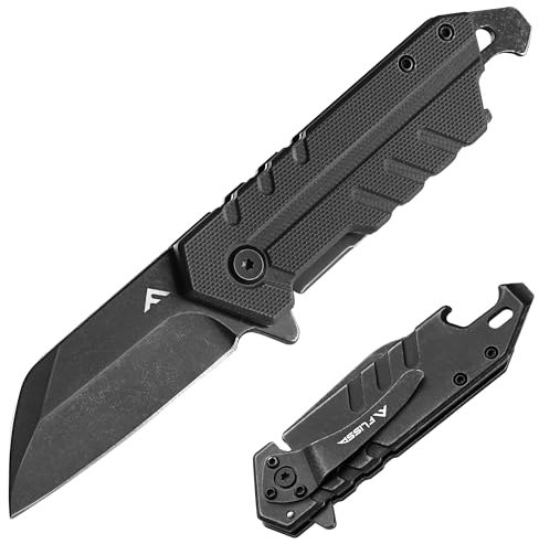 FLISSA Taschenmesser Klappmesser, Abgenutzter Stil, Einhandmesser mit G10 Griff, Jagdmesser mit Taschenclip & Flaschenöffner, Outdoor Messer für Camping, Jagd und Wandern, Schwarz