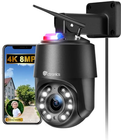 Ctronics 4K 8MP 16X Zoom Optique Caméra Surveillance WiFi Extérieure avec Auto Balayage/Suivi/Zoom,2.4/5Ghz WiFi IP PTZ Camera Détection Humains/Véhicules/Animaux, 60M Vision de Nuit (Noir)