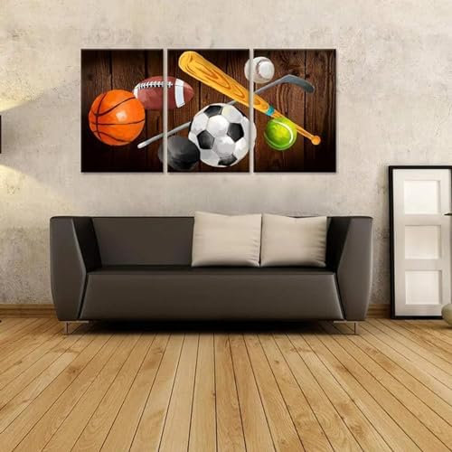 NXMYDBD Fußball-Basketball-Baseball-Hockey-Poster auf Leinwand, Wandkunstdrucke, Bild für Wohnzimmer, Schlafzimmer, Büro, Dekoration, Kunstwerk, 50x70cm (20x28 Zoll), 3 Stück, ungerahmt