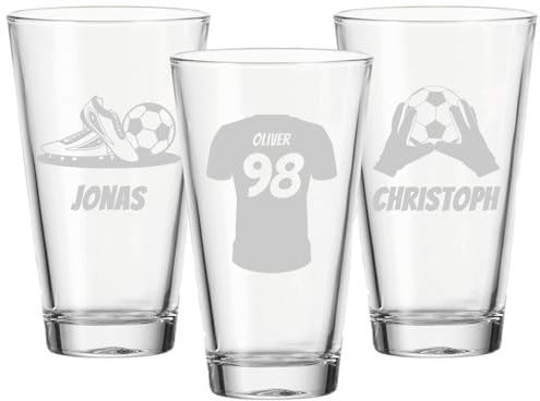 LUXENTU Trinkglas mit Gravur, Fußball-Edition, 300 ml, 3 Stück | Personalisierte Universalgläser für Kinder, Erwachsene & Fußballfans, Spülmaschinenfest