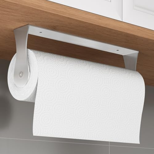 Paper Towel Holder Under Cabinet, Wall Mount Paper Towel Holder for Kitchen Bathroom, Stainless Steel, Adhesive or Screws, Silver
