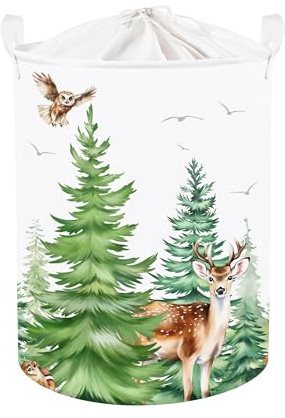 Clastyle Tannenwald Wildtiere Kinder Wäschekorb mit Henkel Faltbar Kleidung Spielzeug Aufbewahrungskorb Jungen Mädchen Aufbewahrungsbox für Babyzimmer Bad, Hirsche Eule, 36 * 45 cm