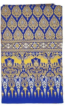 Kitama Sarong Betttuch Überwurf Bett Tuch - Thai Siam Elefanten Premium 200cm x 110cm einseitig umgenäht (Blau)
