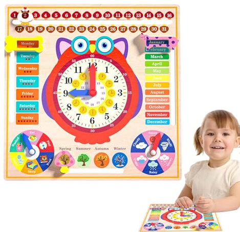 Generisch Lehruhr,-Uhr - Spielzeuguhren in Eulenform für Kinder | -Kleinkindkalender, Holzspielzeug, Wetterstation, Wettervorhersage-Kalendertafel, Lehruhr-Spielzeug für Kinder