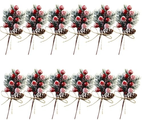 NSXIN Kleine Künstliche Tannenzweige mit Beeren und Tannenzapfen, Weihnachten Tischdeko Set, Artificial Tannenzweige Beerenzweige Dekorationen für Weihnachten (10 STK/Rote Beeren, Schneeflocke)