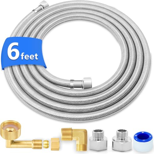 Dishwasher Installation Kit - 6 FT Stainless Steel Dishwasher Hose with 3/8 Compression Connections,Food Grade PEX Inner Tube Dishwasher Water Supply Line with Elbows,Adapters
