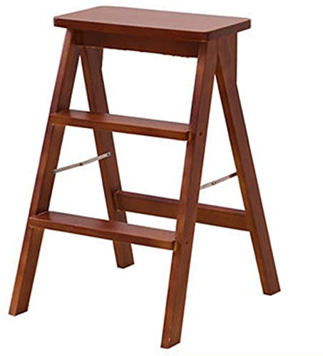 Klappbarer Tritthocker aus Holz mit langem Griff für Senioren, leicht, 3 Stufen, Leiterhocker für Erwachsene, stabiles rutschfestes Pedal, platzsparende Aufbewahrung, sicher und stabil, Braun