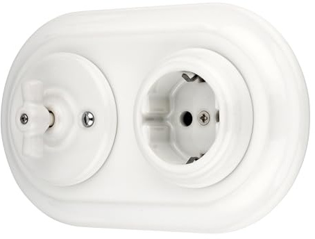 Unterputz Porzellan Retro Steckdose, Rotary Schalter, 2-fach, All-in-One, SET Serie PR1 weiß