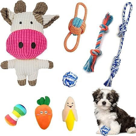 ZMDMAH Set di 8 Giochi per Cani Cuccioli Giocattoli in Peluche con Corda Palla e Squeak Giochi Interattivi e da Masticare per Cane Piccolo o Cucciolo