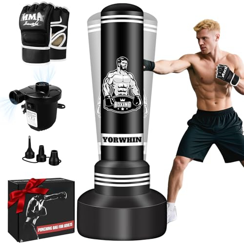 Freistehende Boxtasche für Erwachsene Teenager, 175 cm stehende Boxtasche Kicking Bag Schwere Tasche mit Boxhandschuhen und elektrischer Luftpumpe, Männer Kickboxing Taschen für Anfänger Training MMA