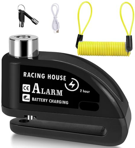 Blocco freno a disco per moto, 110 dB, ad alta sicurezza, ricaricabile, protezione antifurto per moto, con cavo di promemoria da 1,5 m, per moto, bici, scooter (nero)