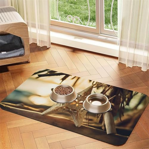Wooden Starfish Print Pet Feeding Mat Dog Mat for Food and Water Bowl Dogs Water Dispenser Mat Dogs Accessories