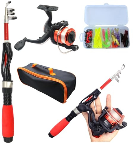 Hperu 4PCS Kids Fishing Rod and Reel Set, Telescopic Portable Mini Starter Kit with Ceramic Guide Ring, Fiberglass Lure Rod, Red