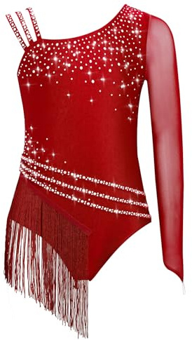 Yiesvsov Maillot De Gymnastique Pailleté Pour Filles Avec Franges Justaucorps À Une Épaule Manches Longues Tenue De Ballet Body Gym Justaucorps Compétition Bourgogne 13-14 ans