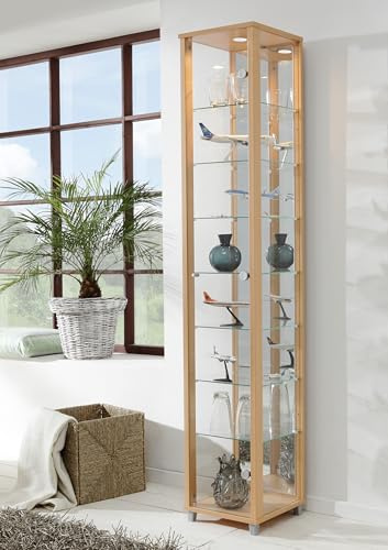 K-Möbel VR-Wohnwelten Glasvitrine (172x32x33 cm) in Buche Dekor mit 7 Glasböden, Spiegel und LED - Modellauto Vitrine - Vitrinenschrank Buche - Sammlervitrine - Wohnzimmerschrank Regal Wand Schrank