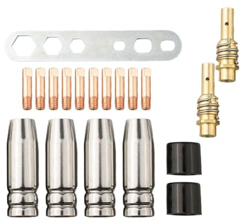 19-teiliges Schweißverschleißteil-Set für MIG-Taschenlampe, inklusive Power-Düse M6 1 0 mm, konische Gasdüsen, Isolatoren, Federdüsenhalter und Schraubenschlüssel für MIG MAG Schweißbrenner