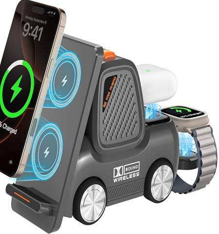 Forklift Wireless Charging Station with Bluetooth Speaker, 4 in 1 Wireless Fast Charger Multiple Devices, Compatible with iPhone16 15 14 13 Pro Max Series, Apple iWatch, Airpods, Android Phones