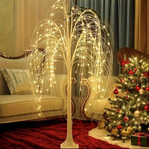 LED Lichterbaum Weiß 150cm, Künstlicher Weihnachtsbaum mit Beleuchtung, 216 LED Baum Lampe, Willow Tree Lights mit USB Kable, Weihnachtsdeko Baum Weiß-Warm Innen und Außen für Hochzeit Party,150cm