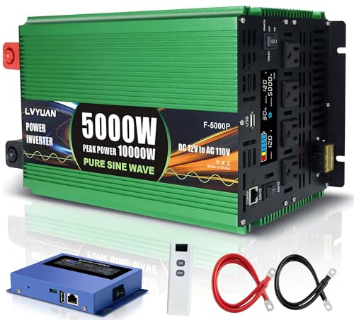5000 Watt Pure Sine Wave Inverter, DC 12V to 120V AC Car Power Inverter for RV, Off-Grid, Power Inverter with 4 AC Outlet, 20W USB-C, 5V/3.1A USB, Hardwire Port, Remote & Panel Control, Surge 10000W