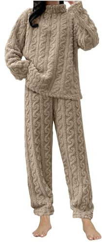 Kobilee Pigiama Donna Invernale Pile Set Caldo Pigiami Felpato Due Pezzi Abbigliamento da Casa Morbido Manica Lunga Pantalone Lungo Indumenti da Notte Lounge Sleepwear Cachi Taglia Unica