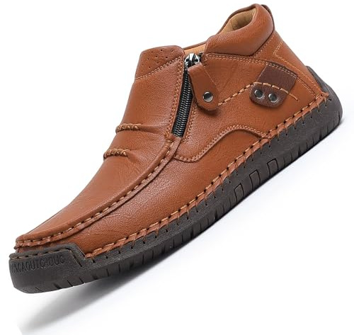 GHTRHSB Bottes orthopédiques en cuir à enfiler pour homme, chaussures de randonnée confortables faites à la main avec fermeture éclair latérale, marron clair, 40 2/3 EU