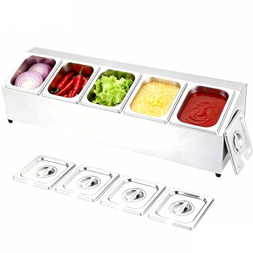 Pizza Topping Station, Food Containers Pot Pan Holder, Condiment Holder 1/6 Containers Dishwasher Safe with 5 Matching Lids, Stainless Steel for Restaurant Sauce Jam Fruit Ingredient Pantry (5 Pans)