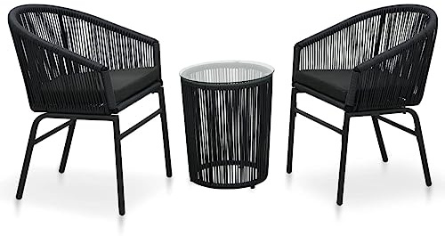 Ziaphsol 3-TLG. Bistro-Set Schwarz, PE-Rattan, Outdoor-Möbel mit Kissen, Gartenset für Balkon, Terrasse, wetterfest, pflegeleicht, gehärtetes Glas