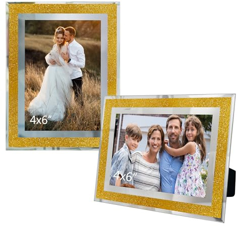 GraduationMall 2er-Set Bilderrahmen 10x15 cm Foto-Rahmen mit Kristall-Glitzer-Optik - Glasschutzhüllen für Hochzeit, Büro & Zuhause, Gold