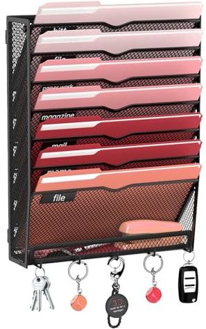 RITOLLO 8 Fächer Metall A4 Zeitschriftenhalter mit 5 Haken, hängender Wandhalter zur Wandmontage, praktischer Wandorganizer für Papier, Ordner, Magazine und Rechnungen, Schwarz