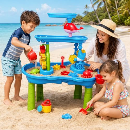 3-Stufiger Sand- und Wasser-Spieltisch für Kleinkinder, Wasserspieltisch Outdoor mit Regen-Effekt & Windmühle, inkl. 2 Stühle & Strandspielzeug, Sensorik Spieltisch für Kinder ab 3 4 5 6 Jahre
