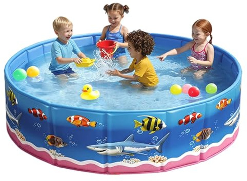 Piscina Fuori Terra per Bambini e Cani con Tema Mare, Piscina Pieghevole 4 Strati Rinforzati senza Gonfiaggio, Vasca da Bagno Portatile in PVC per Giardino Cortile Estate, Tonda