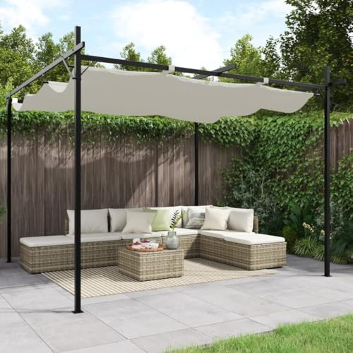 kithwjll Pérgola con techo corredizo crema, 295 x 292 x 230 cm, marco de acero pulverizado, techo de poliéster resistente a los rayos UV, tienda de jardín para terraza, balcón, jardín, protección