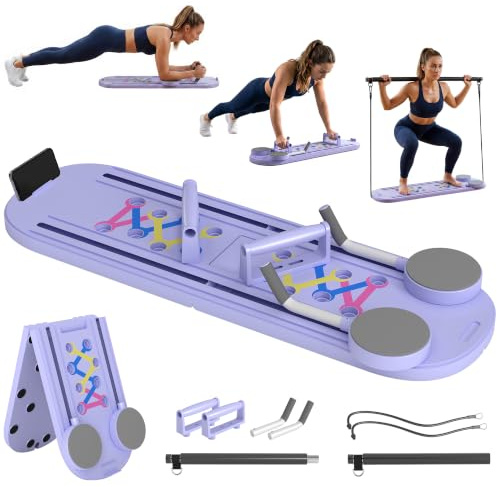 SPORTNOW Tabla de pilates 5 en 1 plegable, para entrenamiento en casa, equipo de fitness portátil con bandas elásticas y asas para flexiones, entrenamiento completo para mujer, azul claro